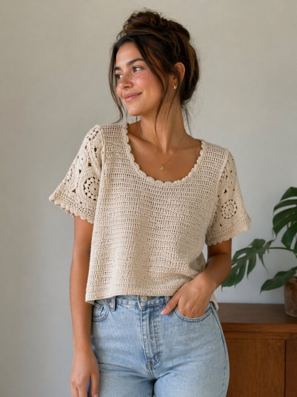 Crochet Knit Boho Top | Soft Neutral Cream | Effortless Chic